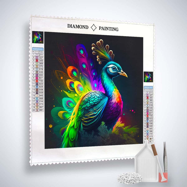 Vibrant neon peacock Diamond Painting Kit with colorful beads and professional tools for sparkling artwork.