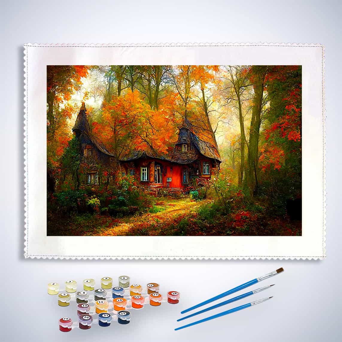 Malen nach Zahlen Set - Spitzdachhaus im herbstlichen Wald mit Farben und Pinseln.