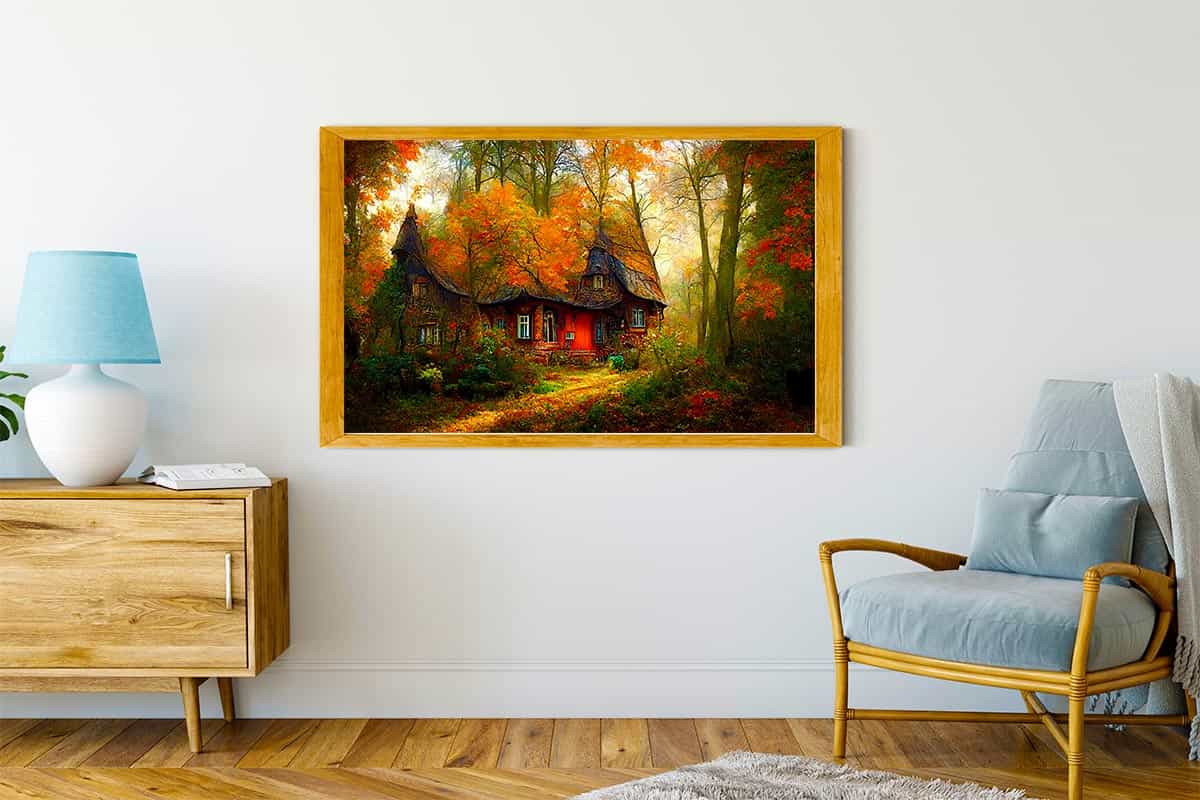 Malen nach Zahlen - Spitzdachhaus im Wald Wandkunst, gemütlicher modernes Wohnzimmer mit Holzkommode, Lampe und Stuhl.
