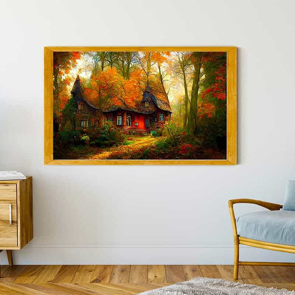 Malen nach Zahlen - Spitzdachhaus im Wald Wandkunst, gemütlicher modernes Wohnzimmer mit Holzkommode, Lampe und Stuhl.