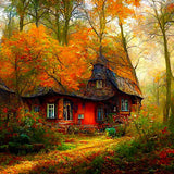 Painting by numbers of a charming gabled house in an autumn forest, surrounded by vibrant fall foliage.