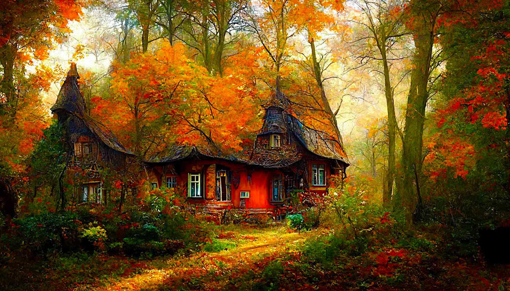 Painting by numbers of a charming gabled house in an autumn forest, surrounded by vibrant fall foliage.