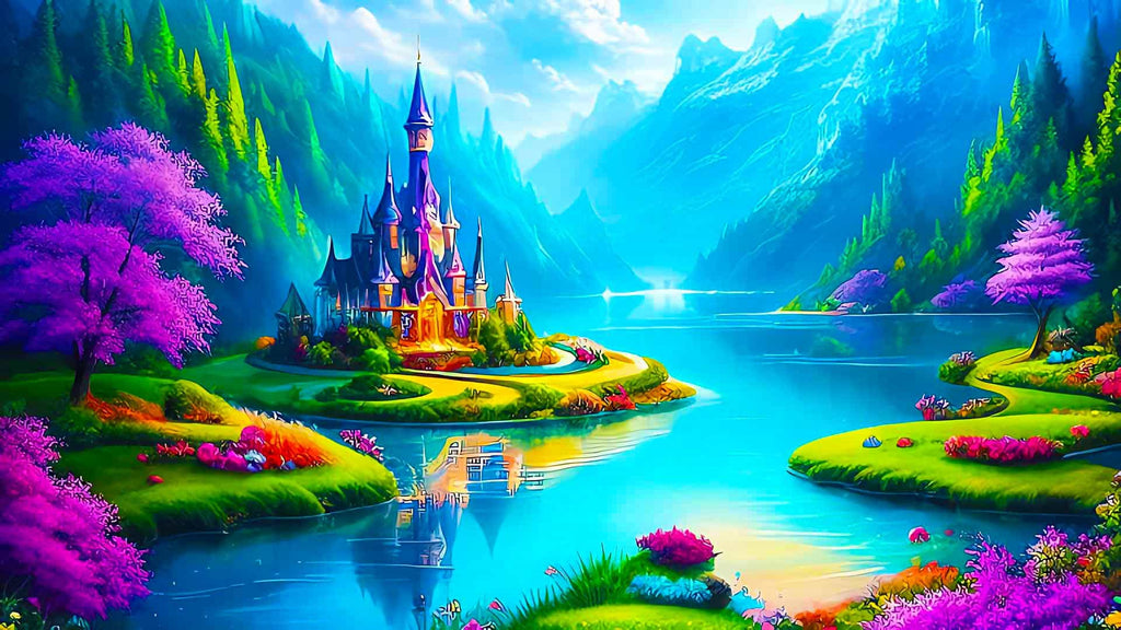 Fantasy castle by the lake surrounded by vibrant, colorful trees and mountains in a serene landscape