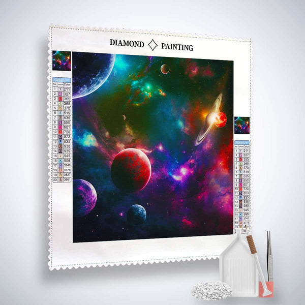 Diamond Painting Kit – Planetenwanderung Motiv mit Acryl Diamonds, Leinwand, Pinzette und Setzstift vor hellem Hintergrund