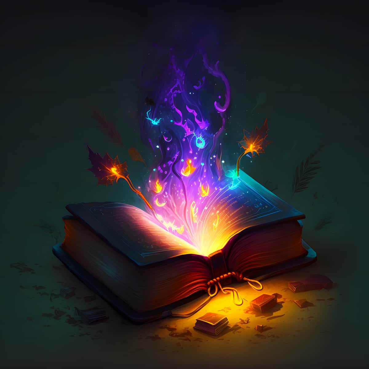 Diamond Painting - Buch mit lila Geheimnis, zeigt ein mystisches Buch, das farbige Magie und leuchtende Blätter ausschüttet.