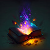 Diamond Painting - Buch mit lila Geheimnis, zeigt ein mystisches Buch, das farbige Magie und leuchtende Blätter ausschüttet.