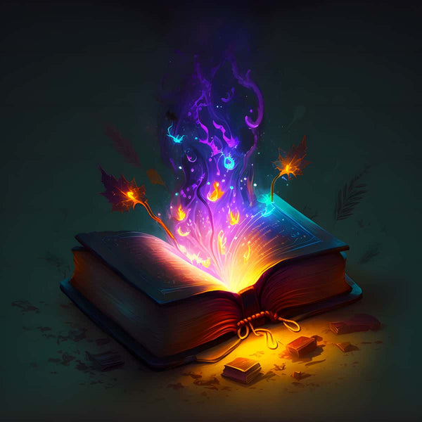 Diamond Painting - Buch mit lila Geheimnis, zeigt ein mystisches Buch, das farbige Magie und leuchtende Blätter ausschüttet.