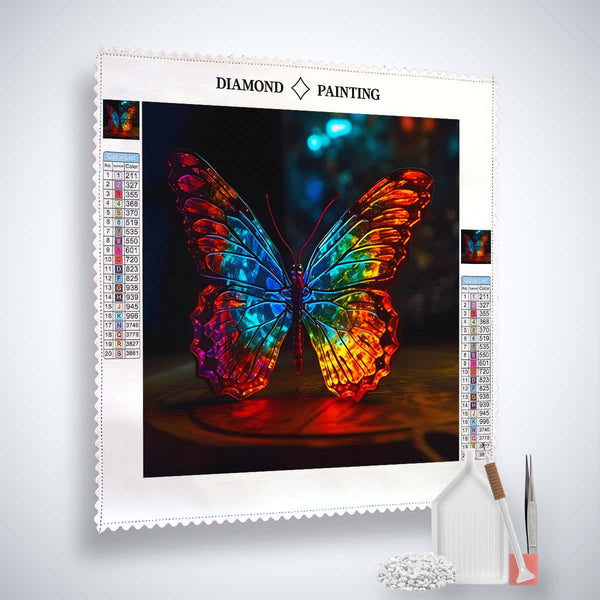 Diamond Painting Kit with vibrant butterfly design at night, complete with canvas, tweezers, setzstift, and acrylic diamonds.