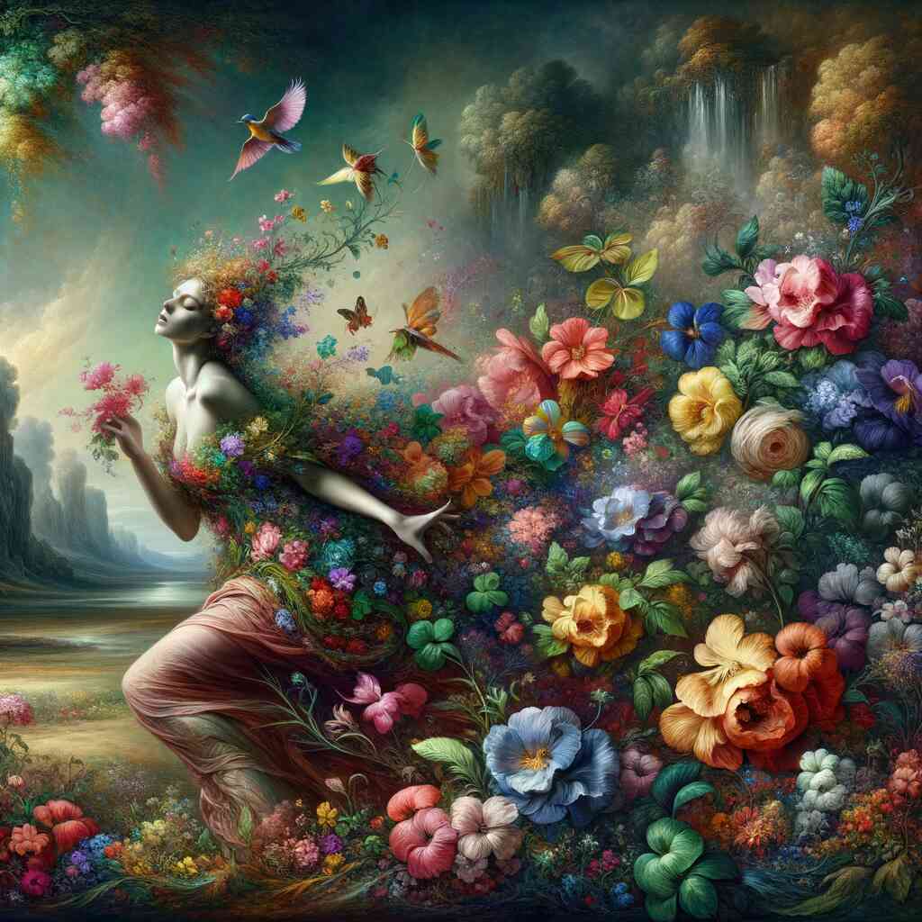 A magical scene of a woman surrounded by vibrant blooming flowers and colorful butterflies in a lush, dreamlike garden.