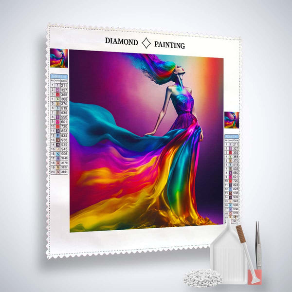Diamond Painting Kit - Woman in Rainbow Dress with Toolkit - Sparkling Art Canvas
