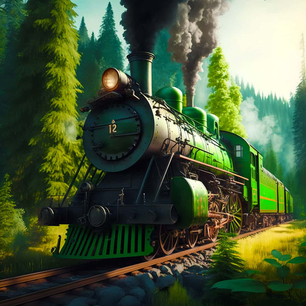 Green train moving through a lush forest, surrounded by tall trees, under a clear sky