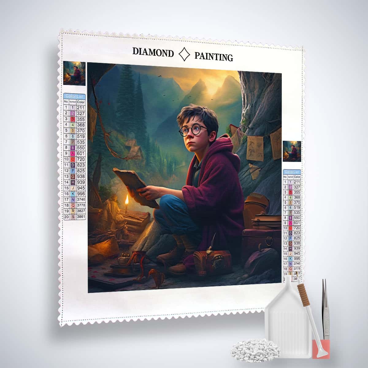 Diamond Painting Kit Junge in Höhle - Komplettes Set inkl. Profi-Leinwand, Acryl-Diamonds, Pinzette und Setzstift.