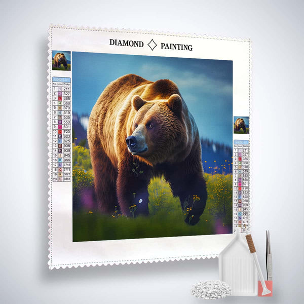 Diamond Painting Kit featuring a running bear with acrylic diamonds, professional canvas, setzstift, fine artist tweezers, and flächensetzer
