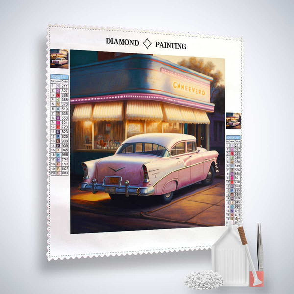 Diamond Painting Kit - 1950s Gas Station Romance Scene with Vintage Car and Tools