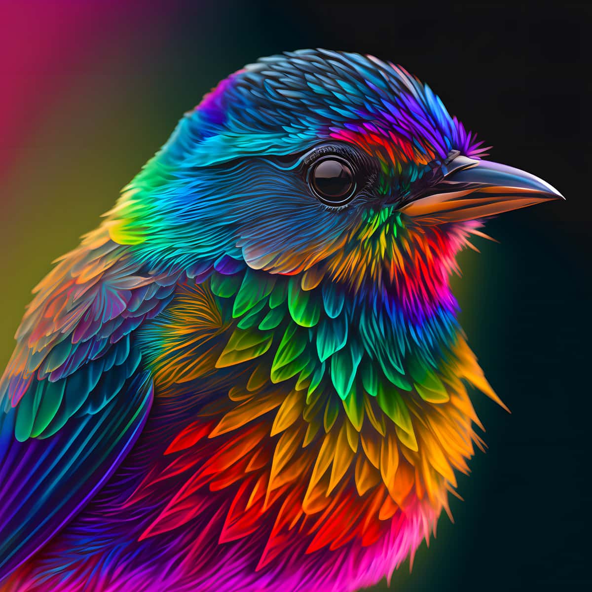 Bunter Vogel seitlich gemalt in lebendigen Farben nach der Methode Malen nach Zahlen.