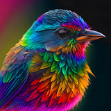 Bunter Vogel Diamond Painting Kunstwerk mit leuchtenden, regenbogenfarbenen Federn auf schwarzem Hintergrund