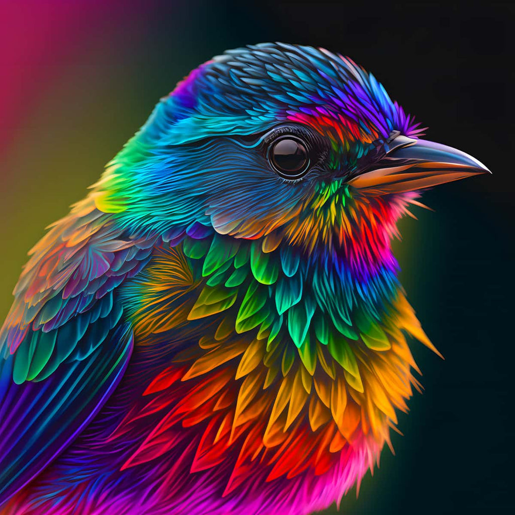 Bunter Vogel Diamond Painting Kunstwerk mit leuchtenden, regenbogenfarbenen Federn auf schwarzem Hintergrund