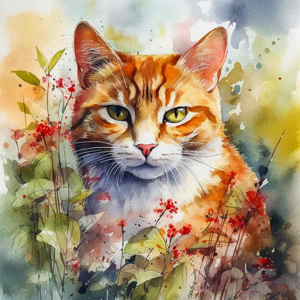 Painting of a mischievous cat surrounded by vibrant foliage and red berries in watercolor style.