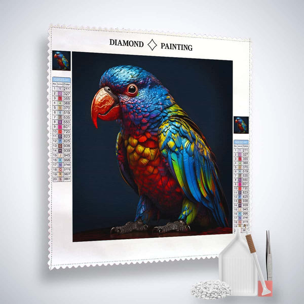 Diamond Painting Kit with vibrant colorful bird design, featuring canvas, acrylic diamonds, artist tweezers, and professional setting tools.