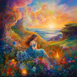 Woman in blue dress sitting in vibrant, colorful garden with mountains and sunset in background, representing 