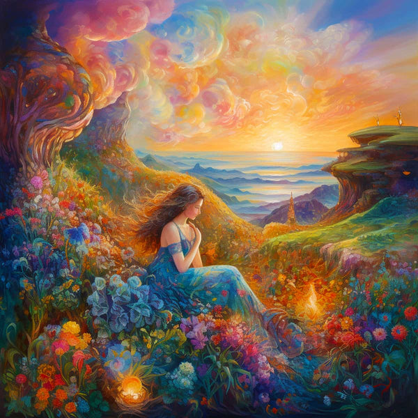 Woman in blue dress sitting in vibrant, colorful garden with mountains and sunset in background, representing "Verträumte Schönheit im Grünen" Diamond Painting.