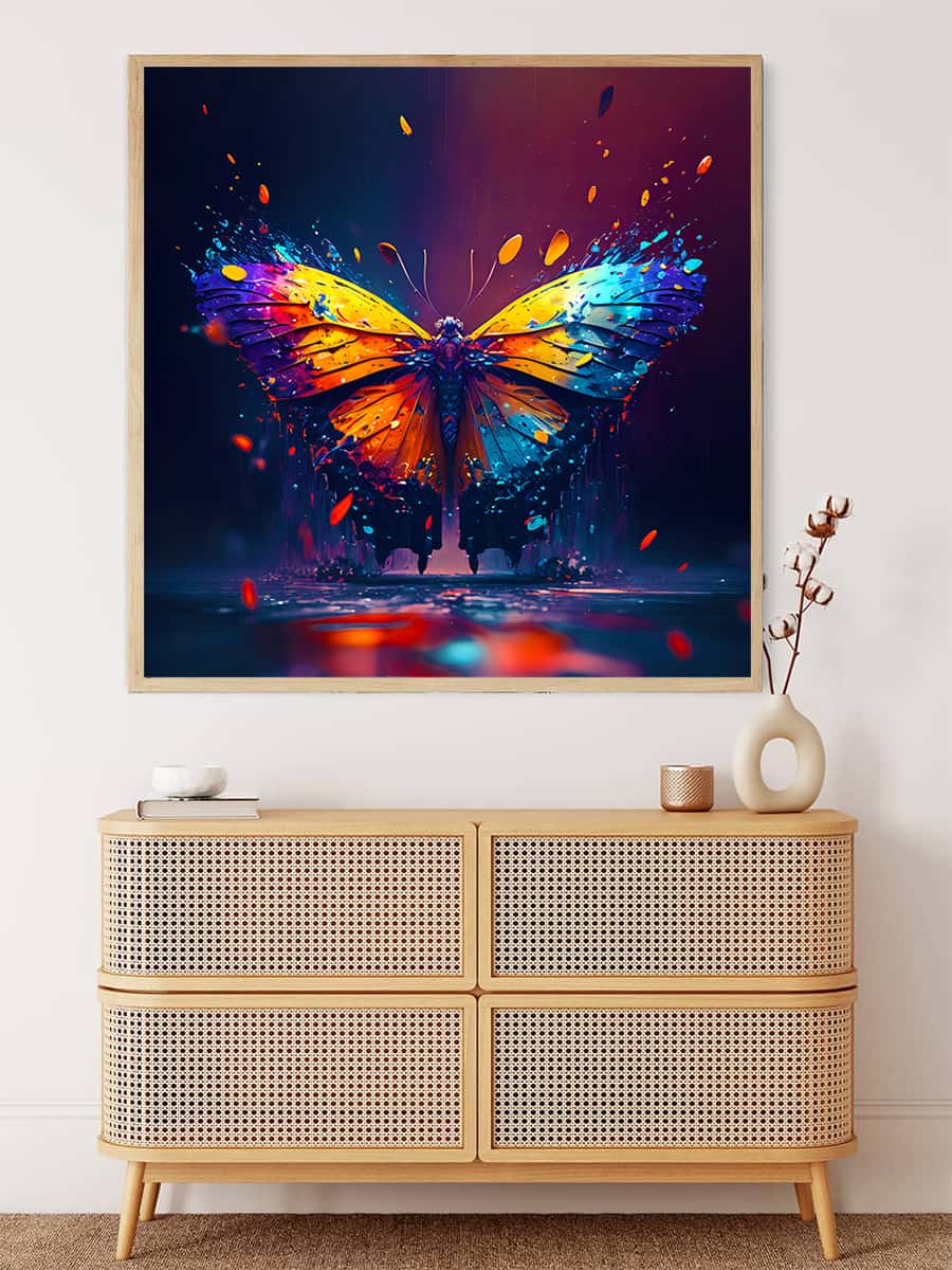 Malen nach Zahlen – Farbenprächtiger Schmetterling Wandbild über moderner Kommode