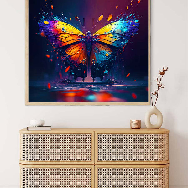Malen nach Zahlen – Farbenprächtiger Schmetterling Wandbild über moderner Kommode