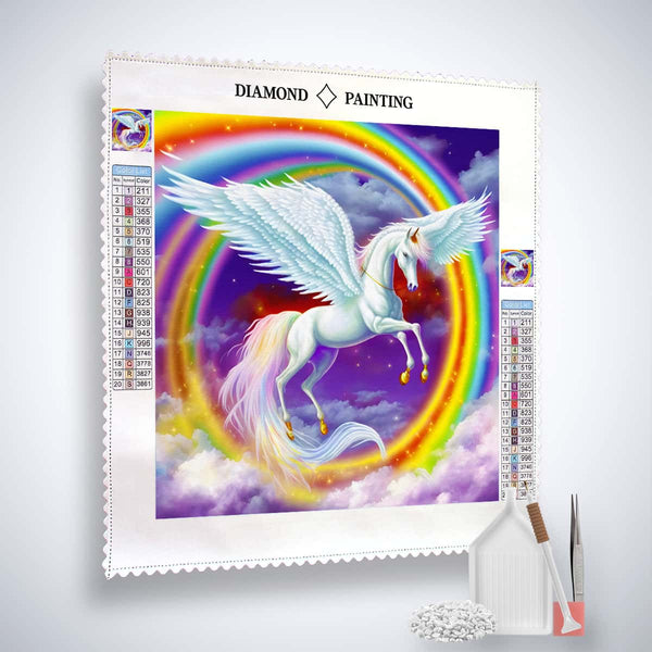 AB Diamond Painting Kit featuring a flying unicorn in a colorful rainbow sky, complete with tools and accessories for crafting.