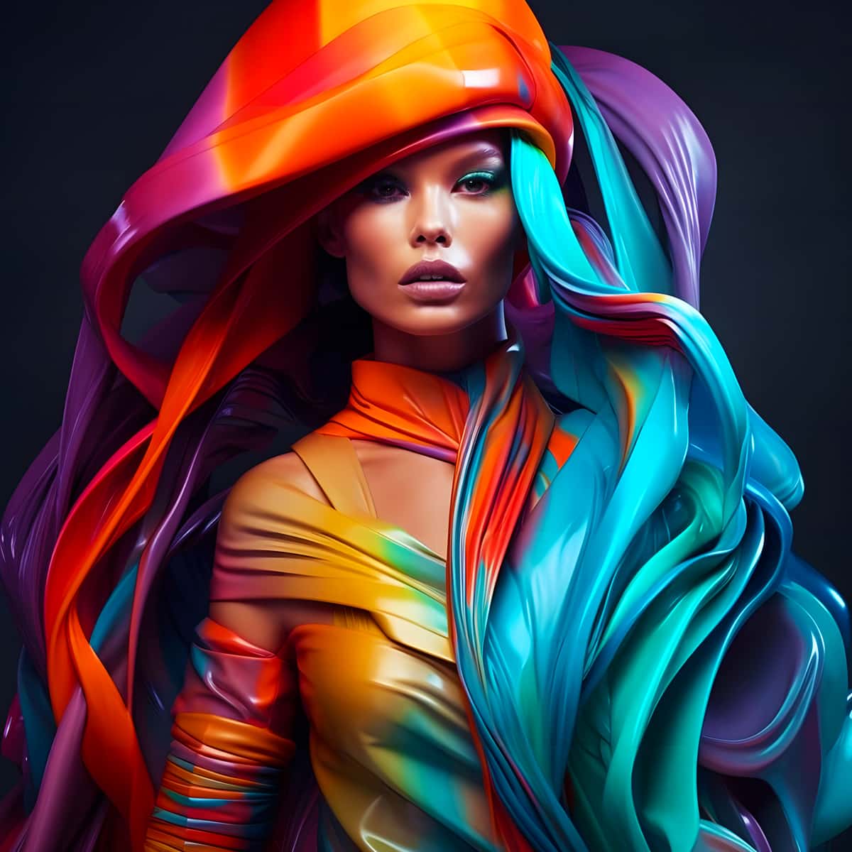 Diamond painting of a woman rider with colorful, flowing hair in vibrant shades of orange, blue, and purple.