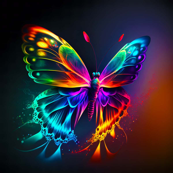 AB Diamond Painting - Zauberschmetterling farbenfroher Schmetterling Kunstwerk aus leuchtenden Acryl Diamonds auf dunklem Hintergrund