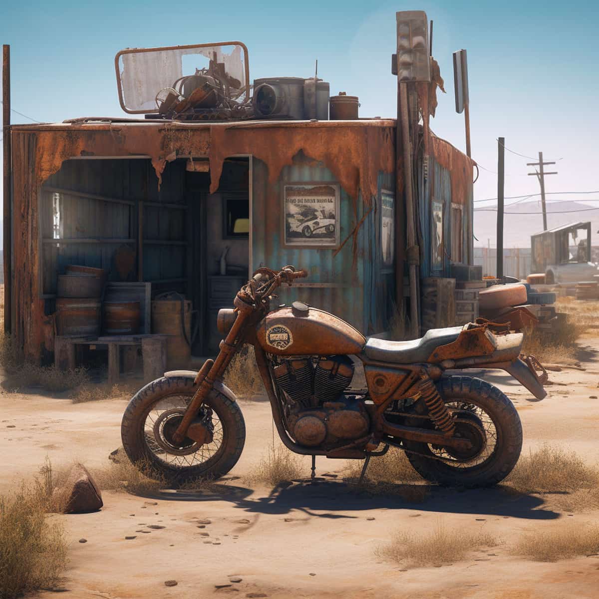 Classic motorcycle parked in front of an old, weathered building in a dusty, desert setting