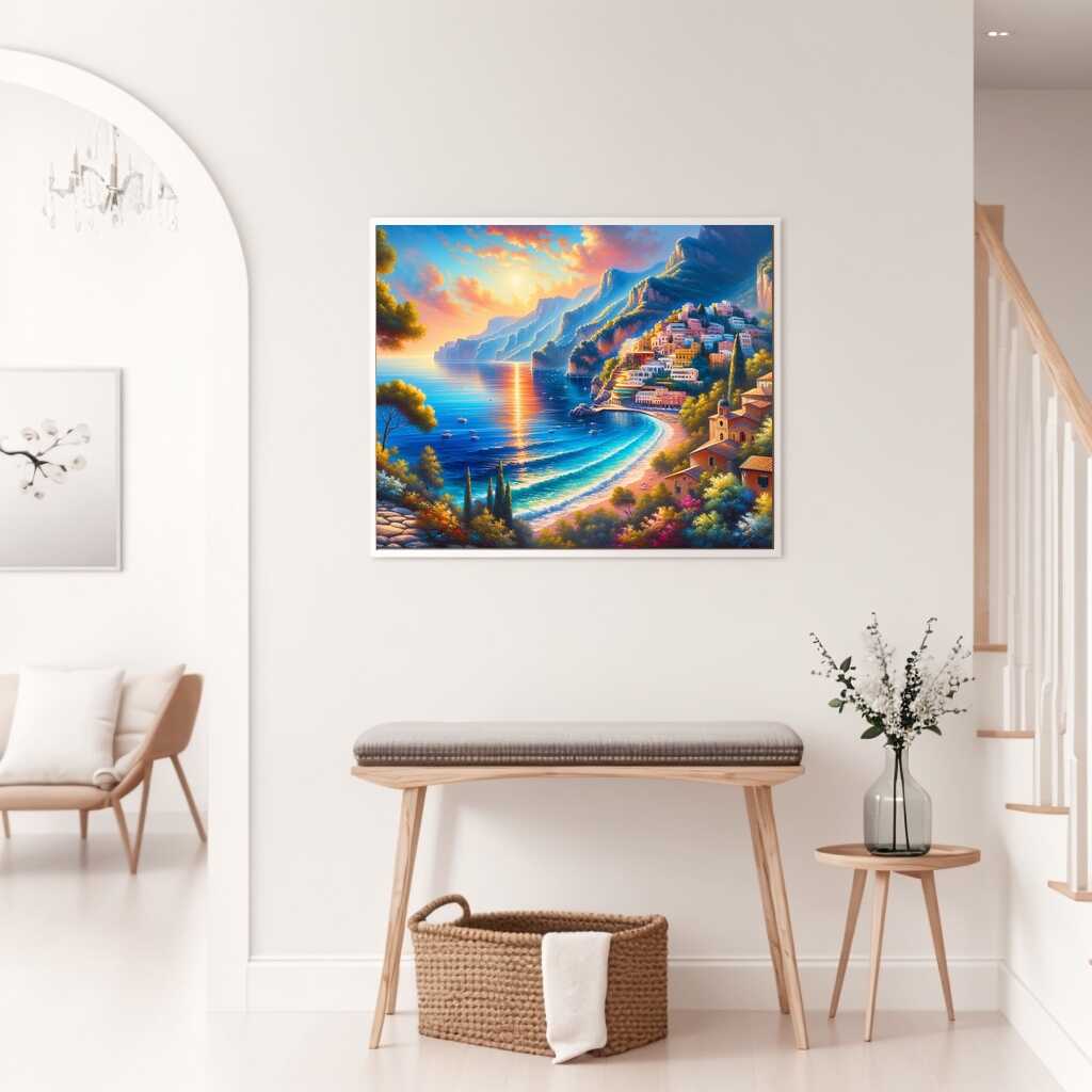 Malen nach Zahlen - Mediterranes Paradies Wandbild von malerischem mediterranem Dorf, Meer und Sonnenuntergang in modernem Stil