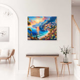 Malen nach Zahlen - Mediterranes Paradies Wandbild von malerischem mediterranem Dorf, Meer und Sonnenuntergang in modernem Stil