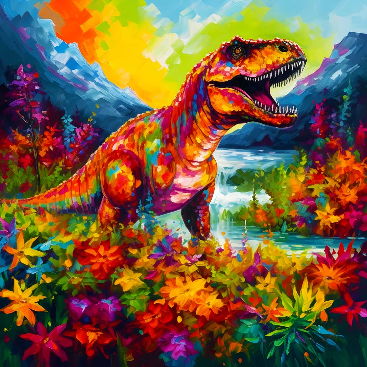 Colorful T-Rex in a vibrant diamond painting kit with a scenic background of flowers and mountains