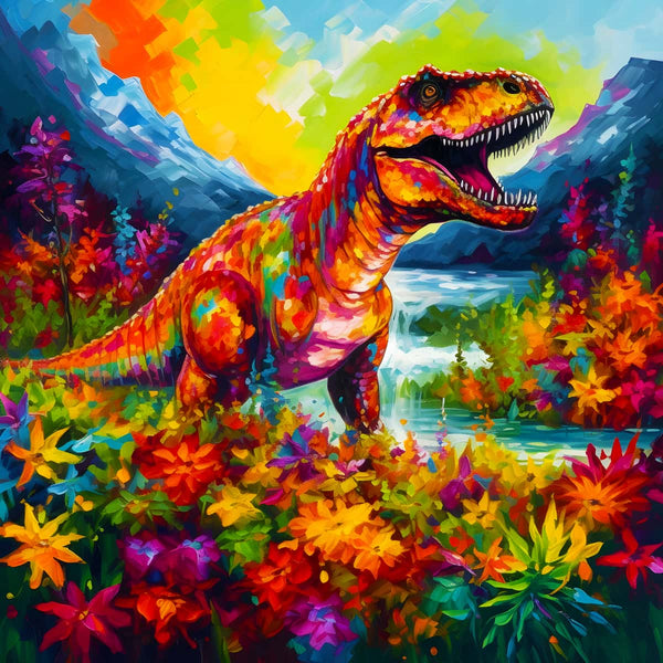 Colorful T-Rex in a vibrant diamond painting kit with a scenic background of flowers and mountains