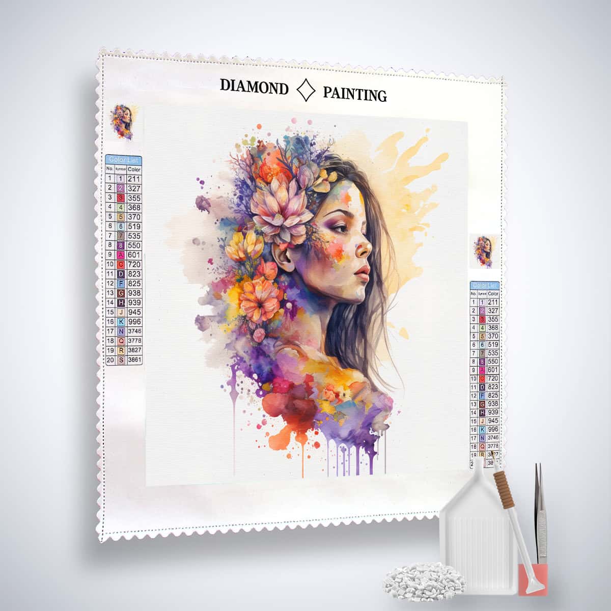 Diamond Painting Kit - Mystische Schönheit Profi-Leinwand mit veredelten Acryl Diamonds und Künstlerwerkzeugen auf weißem Hintergrund.