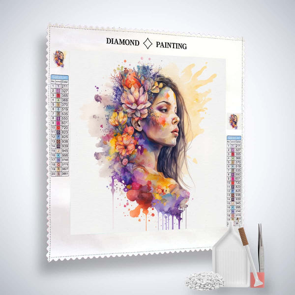 Diamond Painting Kit - Mystische Schönheit Profi-Leinwand mit veredelten Acryl Diamonds und Künstlerwerkzeugen auf weißem Hintergrund.