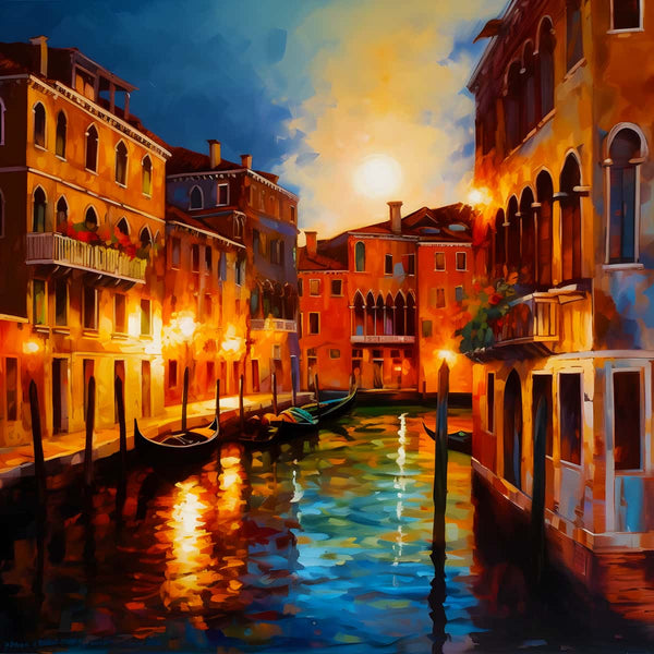 Abstract painting of Venice canals at sunset with vibrant colors reflecting on the water, featuring gondolas and historic buildings.