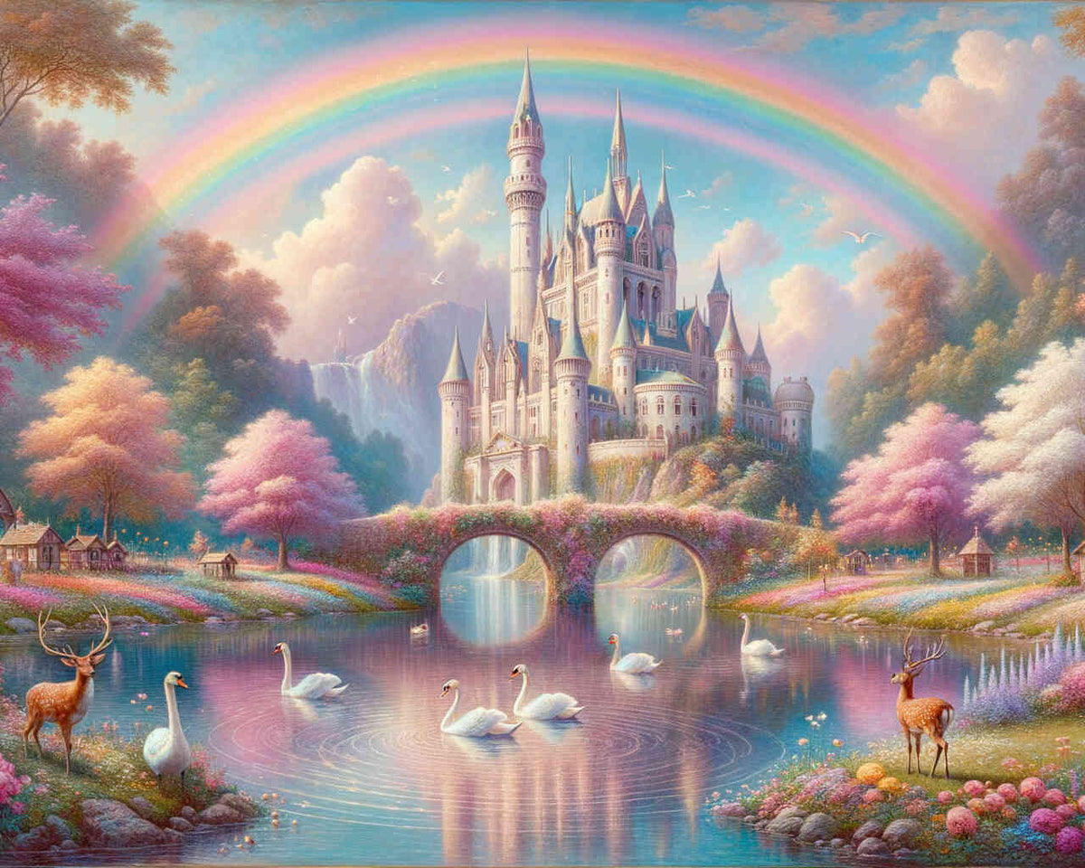 Schloss unter einem Regenbogen – Malen nach Zahlen
