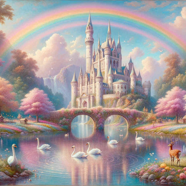 Schloss unter einem Regenbogen – Malen nach Zahlen