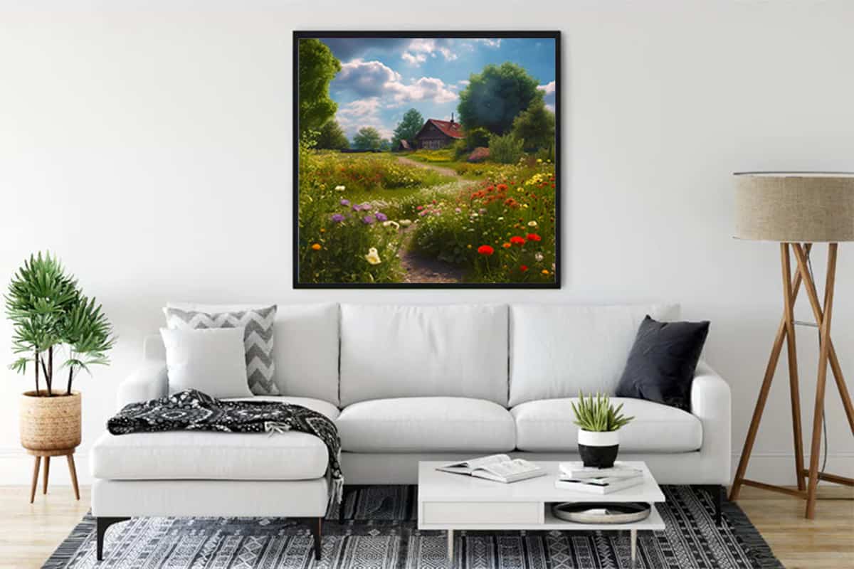 Malen nach Zahlen - Dorfidylle auf der Wiese Wandbild über einem modernen Sofa in einem stilvollen Wohnzimmer