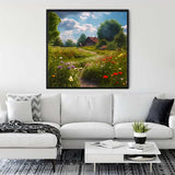 Malen nach Zahlen - Dorfidylle auf der Wiese Wandbild über einem modernen Sofa in einem stilvollen Wohnzimmer