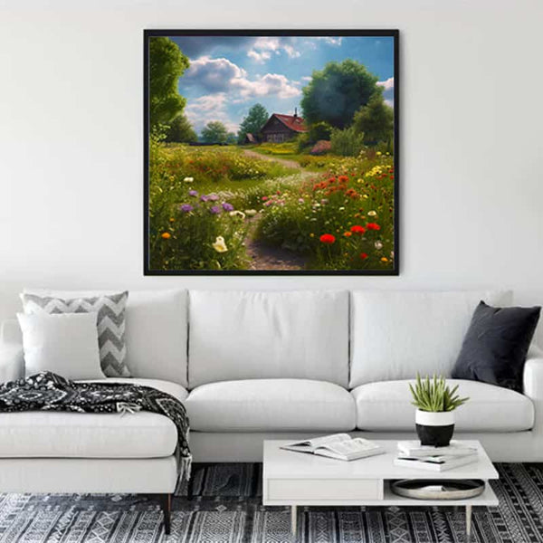 Malen nach Zahlen - Dorfidylle auf der Wiese Wandbild über einem modernen Sofa in einem stilvollen Wohnzimmer