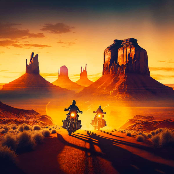 Diamond Painting Kit - Cruiser der Landstraße, two motorcyclists ride through a stunning desert landscape at sunset