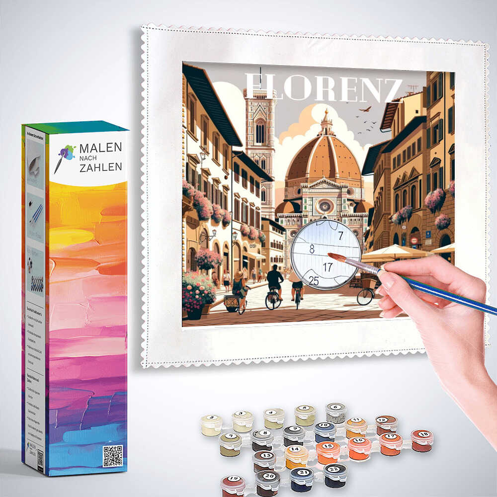 Hand painting a Malen nach Zahlen Florentine sunny cityscape with box and paint set featuring relaxing and artistic activity