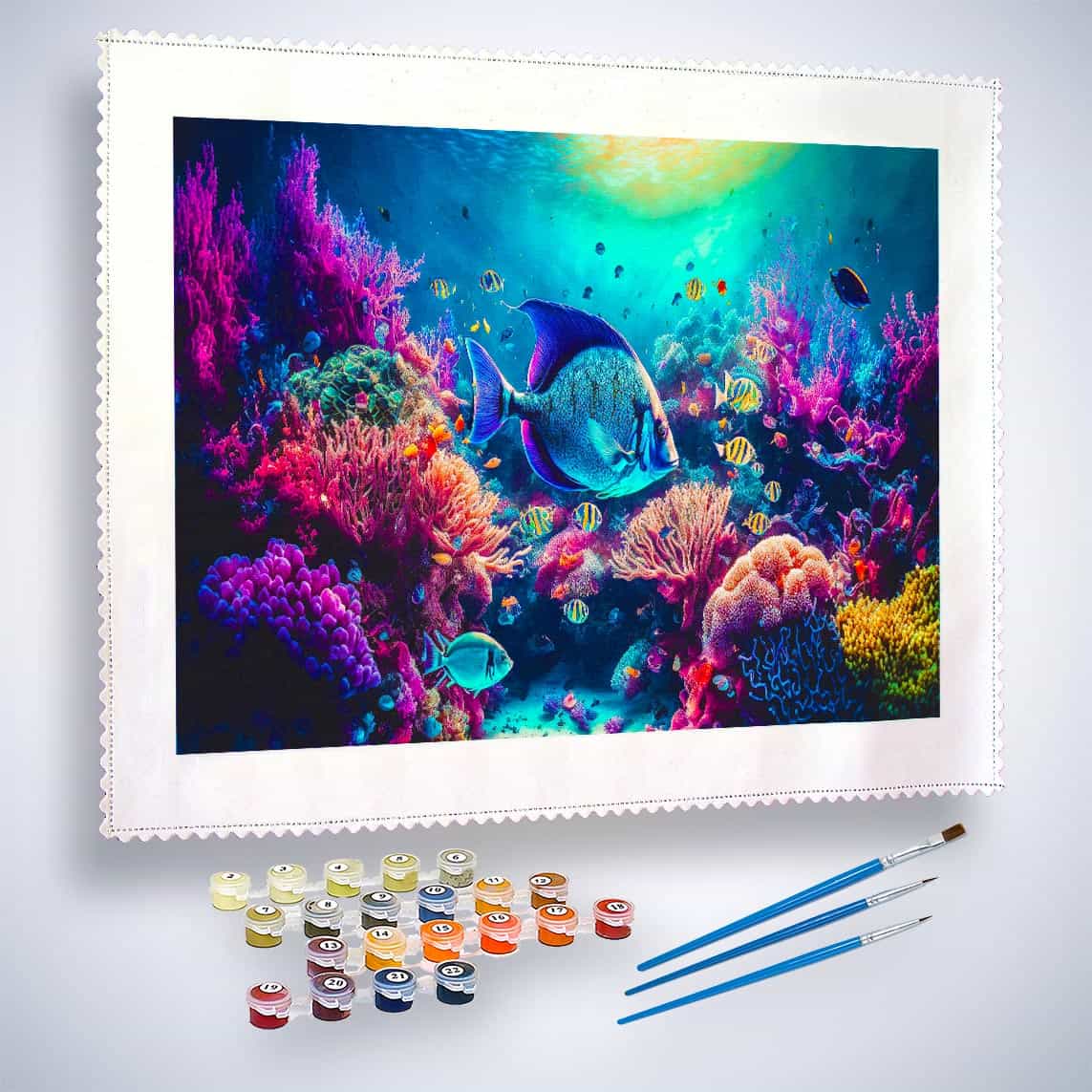 Malen nach Zahlen Kit mit Korallen und Fischen, Meeresleben, entspannende DIY-Kunst für Erwachsene und Kinder.