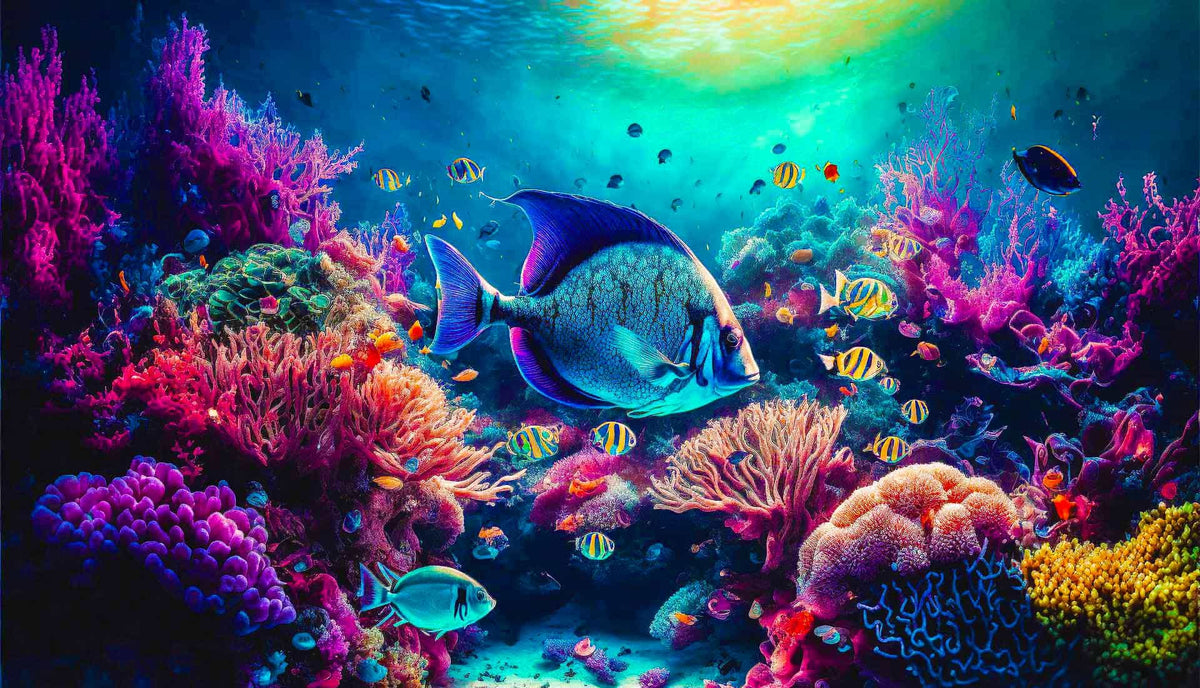 Malen nach Zahlen - Korallen und Fische, Meeresleben. Buntes Korallenriff mit verschiedenen Fischarten unter Wasser.