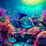 Malen nach Zahlen - Korallen und Fische, Meeresleben. Buntes Korallenriff mit verschiedenen Fischarten unter Wasser.
