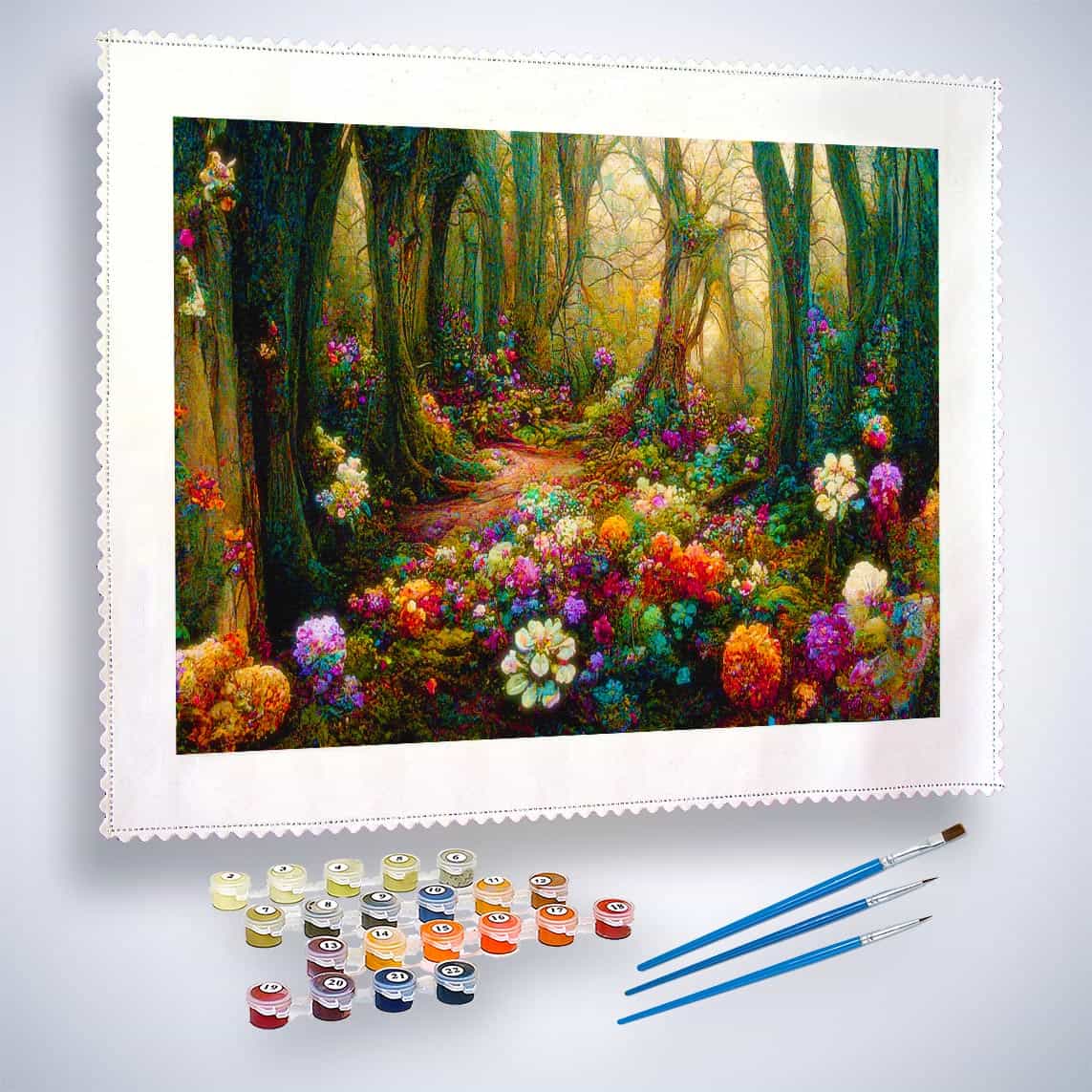 Malen nach Zahlen Blumenwald Kit - Forest Path with Flowers, Paints and Brushes Included
