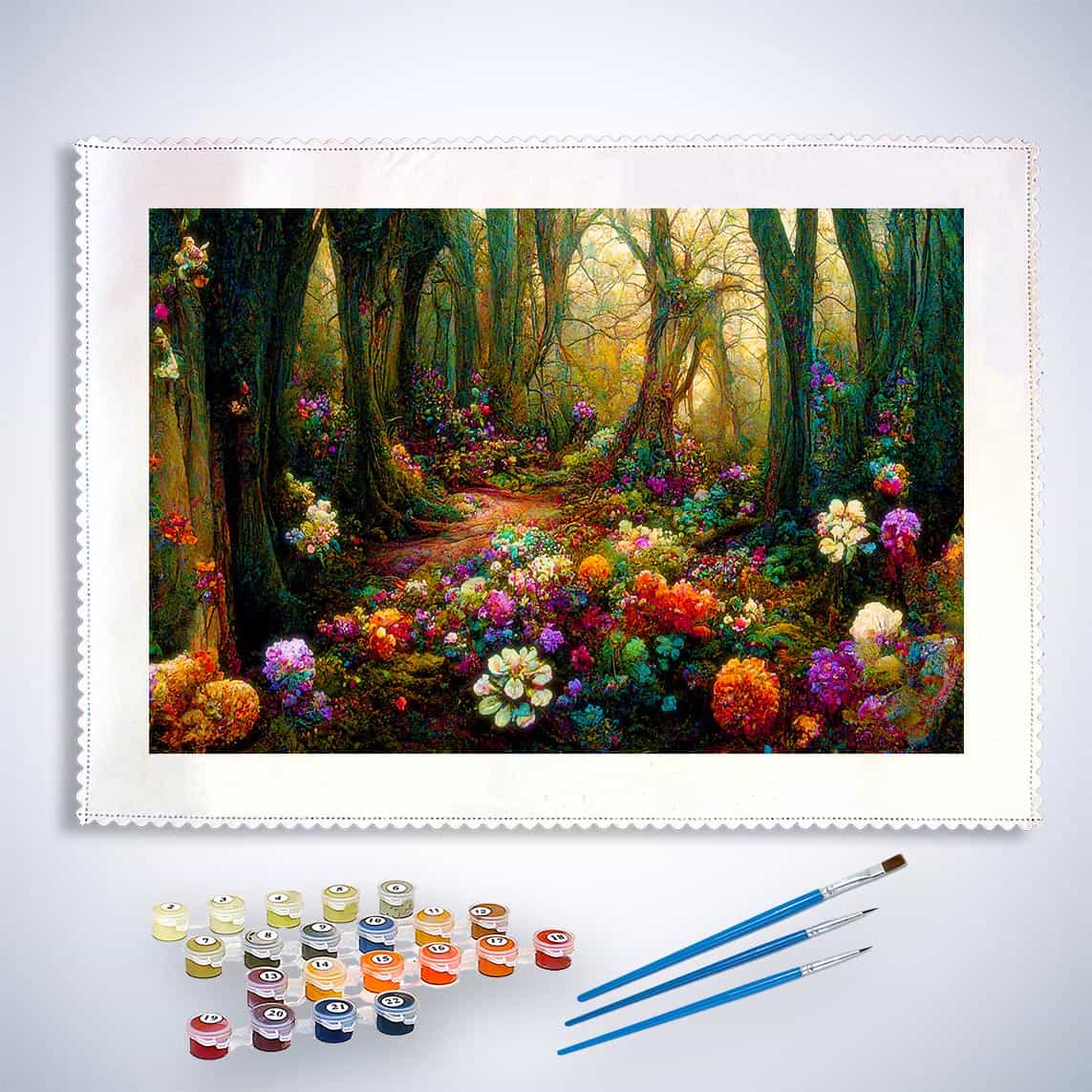 Paint by Numbers - Enchanting Forest with Colorful Flowers Kit Including Brushes and Paints